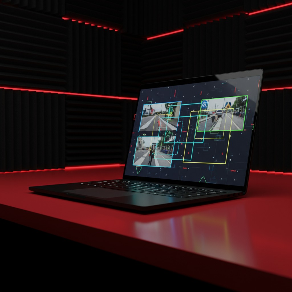 A laptop on a red desk with an augmented reality interface on the screen.